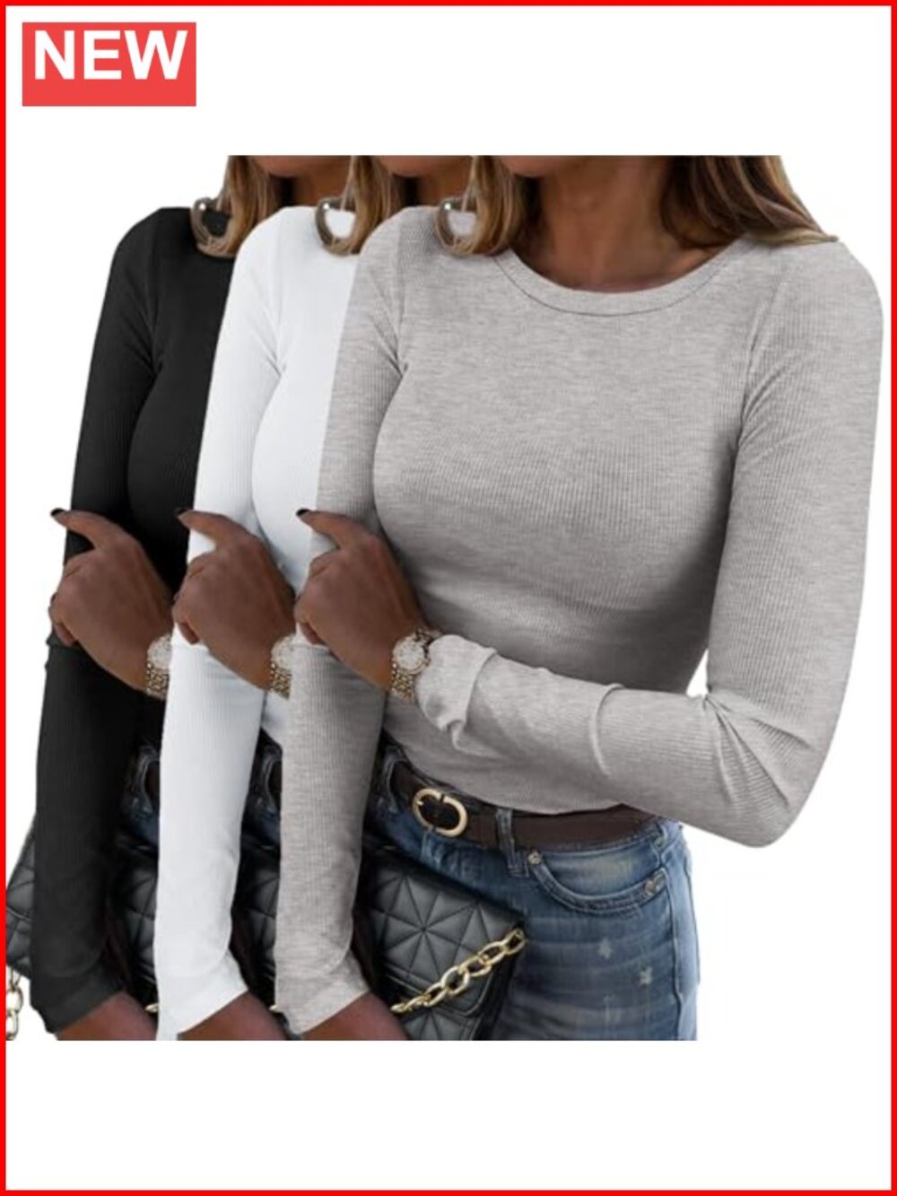 Ribbed Long Sleeve Crew Neck Slim Fit Basic Tee Womens Tops